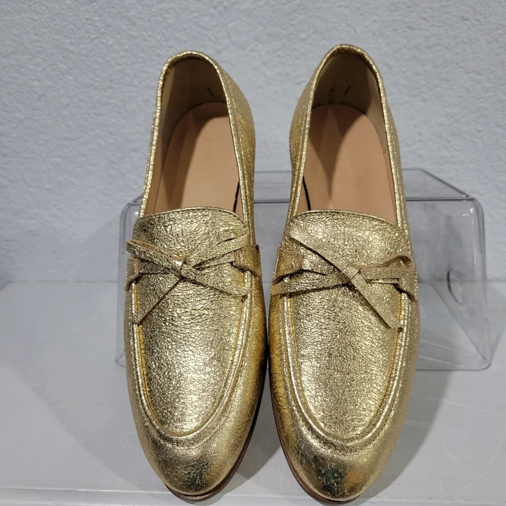 J Crew Academy Loafers Metallic Leather Gold Size 5.5 New
